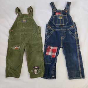 Lot of 2 Osh Kosh B’Gosh 12M Blue Overalls Vestback Denim Green Corded Velveteen